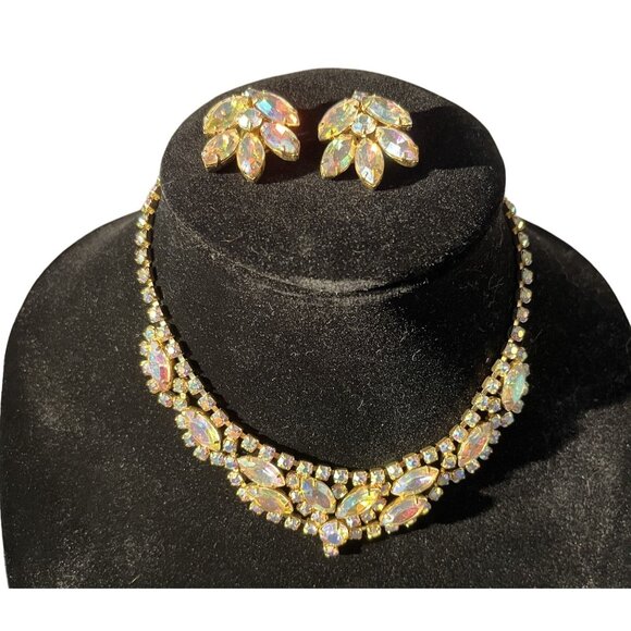 Vintage Irredescent Rhinestone Necklace & Clip On Earrings Set - Picture 10 of 15